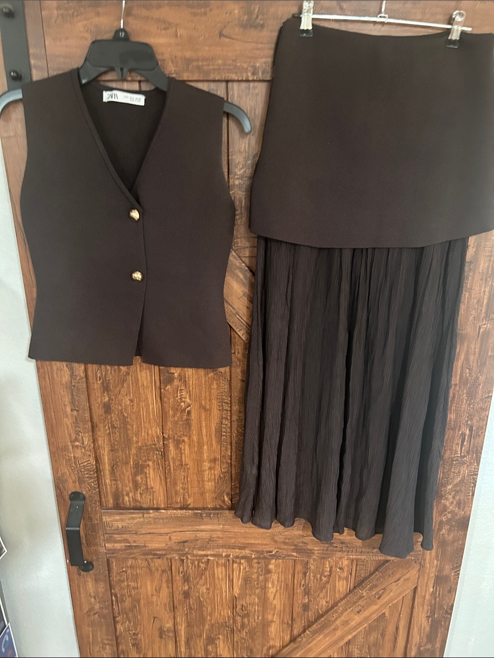Zara Brown Pleated Maxi Skirt with Matching Vest Set